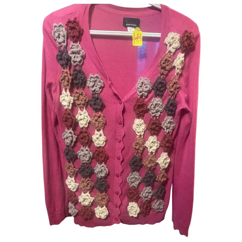 Upcycled  Pink Cardigan Crochet Floral Applique Medium - Picture 2 of 9